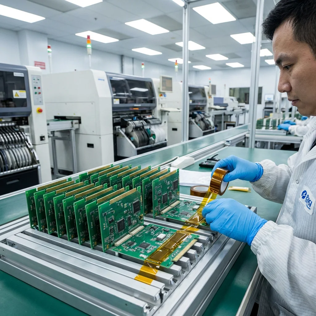 PCB assembly factory technician applying JIAOTAOTAO amber polyimide gold finger masking tape to gold-plated edge connectors on production rack before SMT reflow oven process